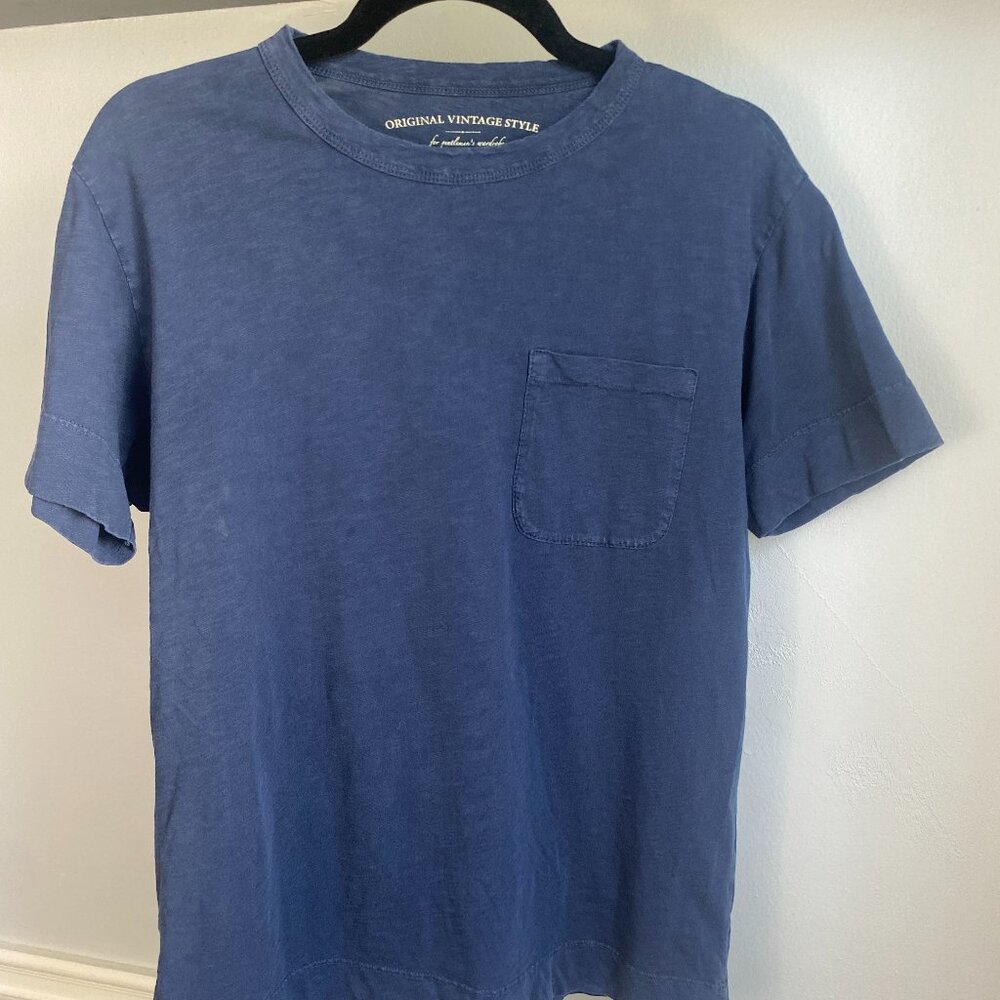ORIGINAL VINTAGE STYLE FOR GENTLEMENS WARDROBE BLUE POCKET SHORT SLEEVE SHIRT